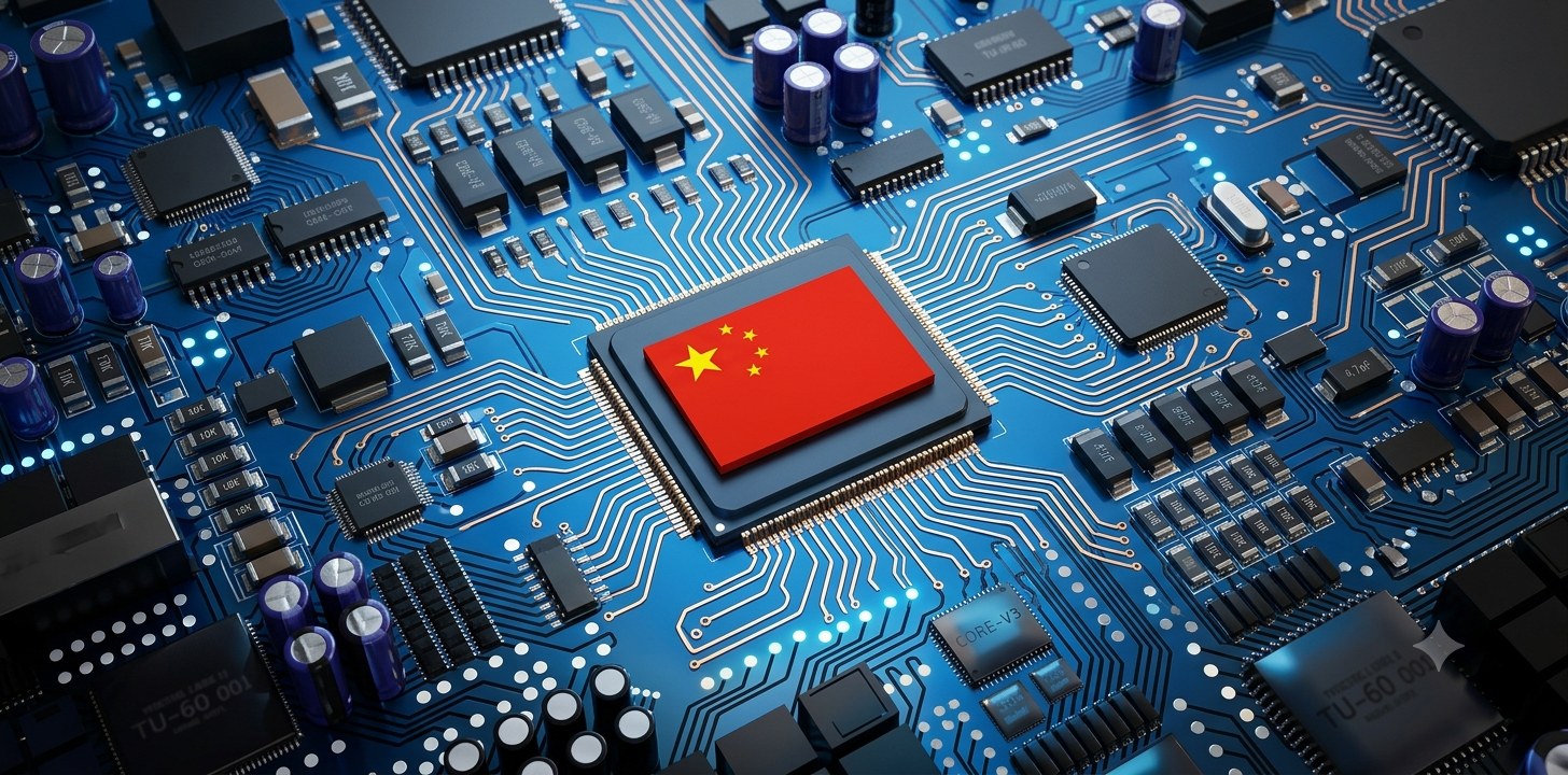 Circuit board with a Chinese flag chip at the center