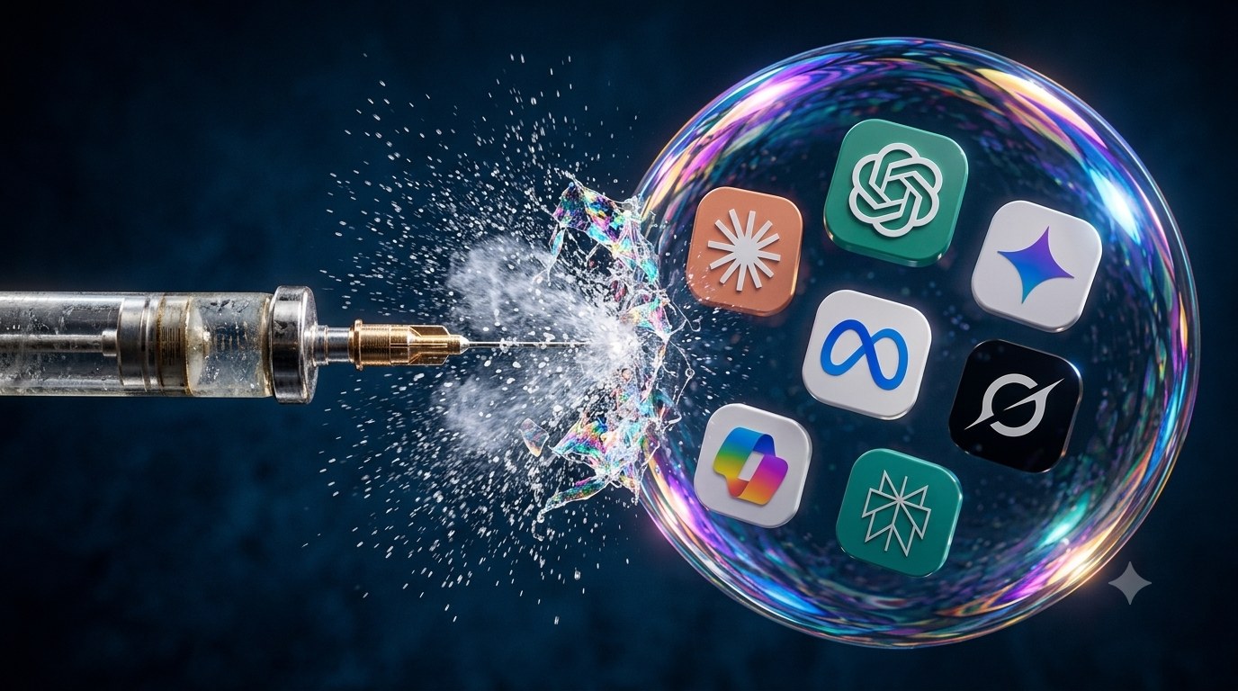 A bubble containing AI company logos about to be popped by a needle