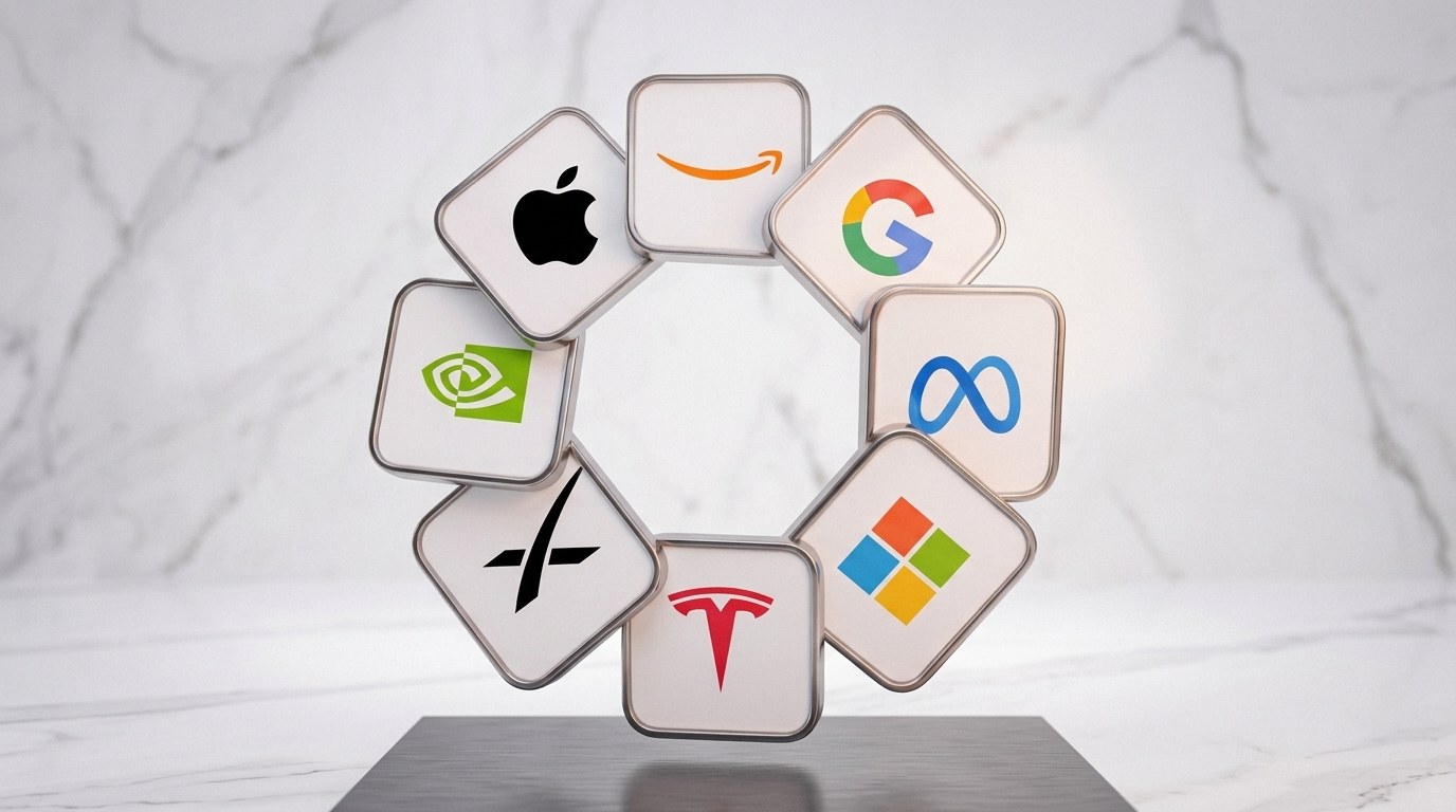 Logos of tech giants including Apple, Amazon, Google, Meta, Microsoft, Tesla and Nvidia arranged in a ring
