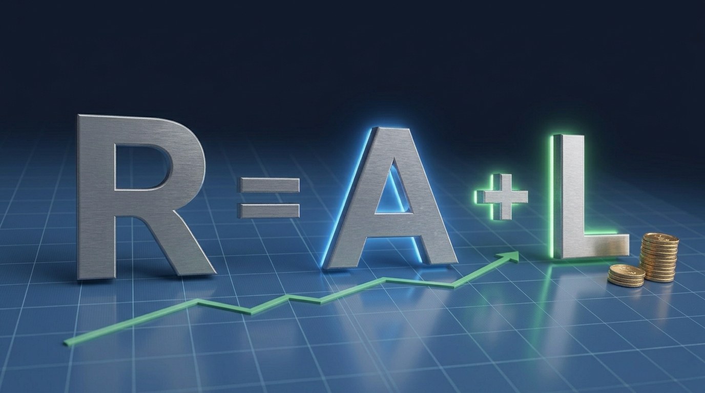 The equation R = A + L in 3D letters, with a rising green line and gold coins