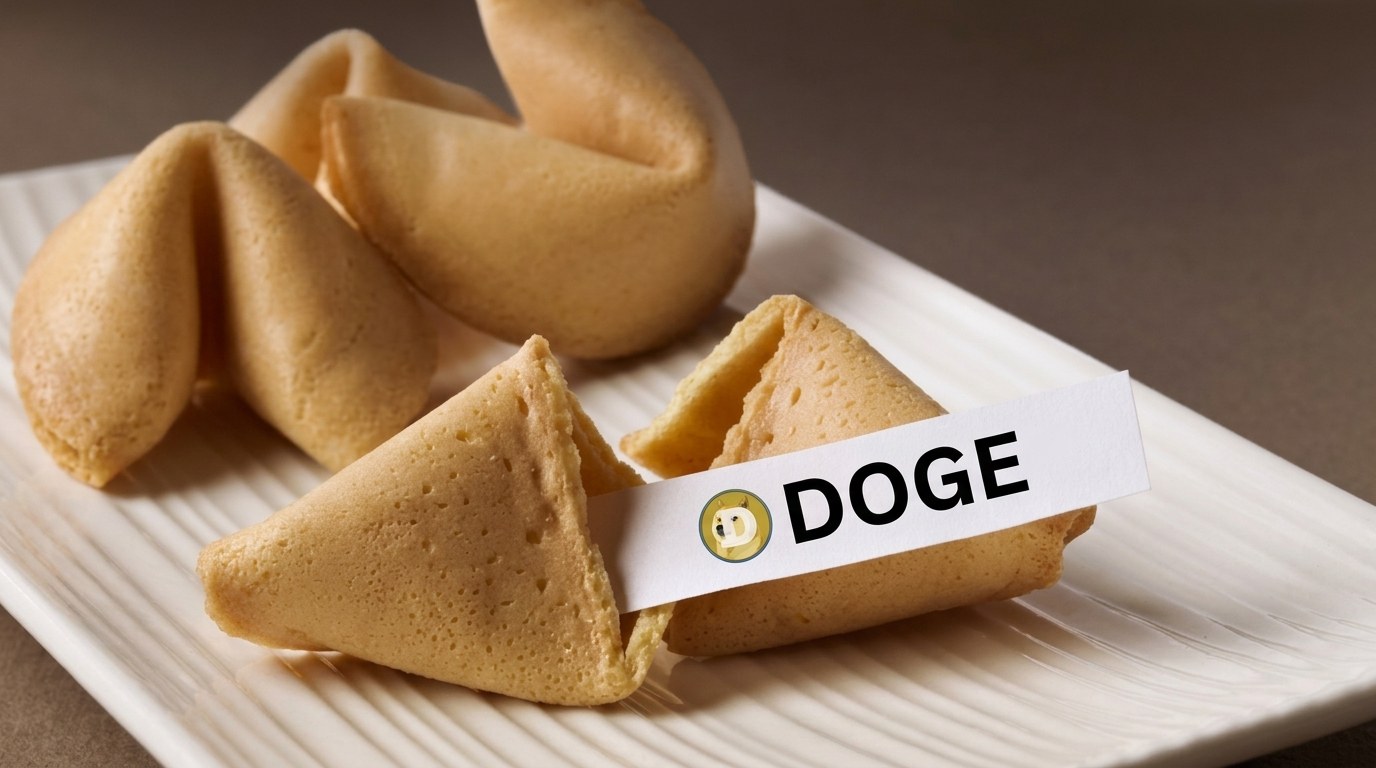 A fortune cookie on a plate, its slip printed with the crypto DOGE's name and icon