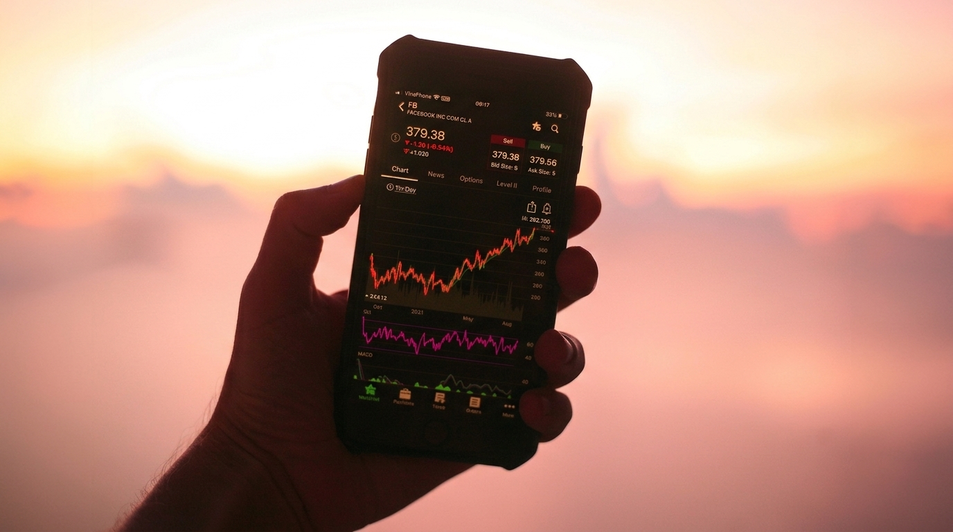 A hand holding up a phone showing a stock chart against a sunset sky