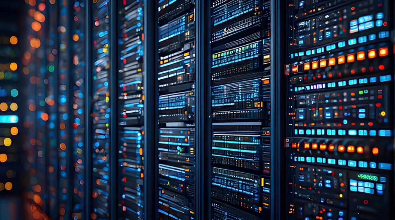 Rows of illuminated server racks inside a data center