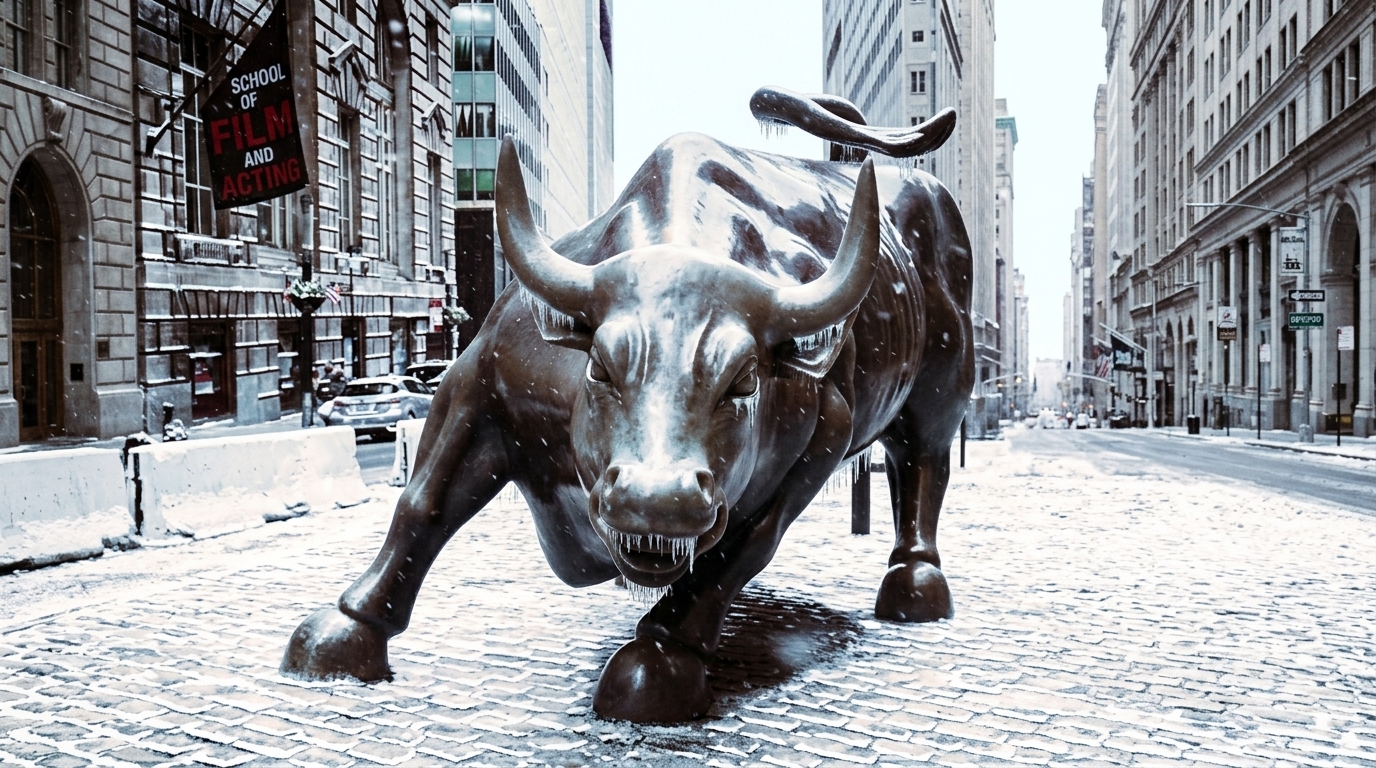 The Wall Street Charging Bull covered in icicles during a snowstorm