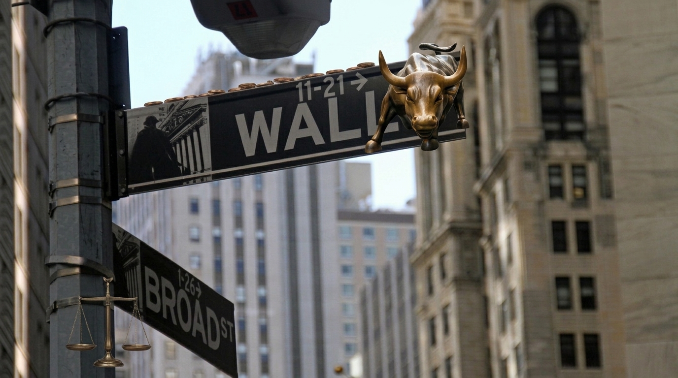 Wall Street and Broad Street signs with a bronze bull on top and a balance scale hanging beside them
