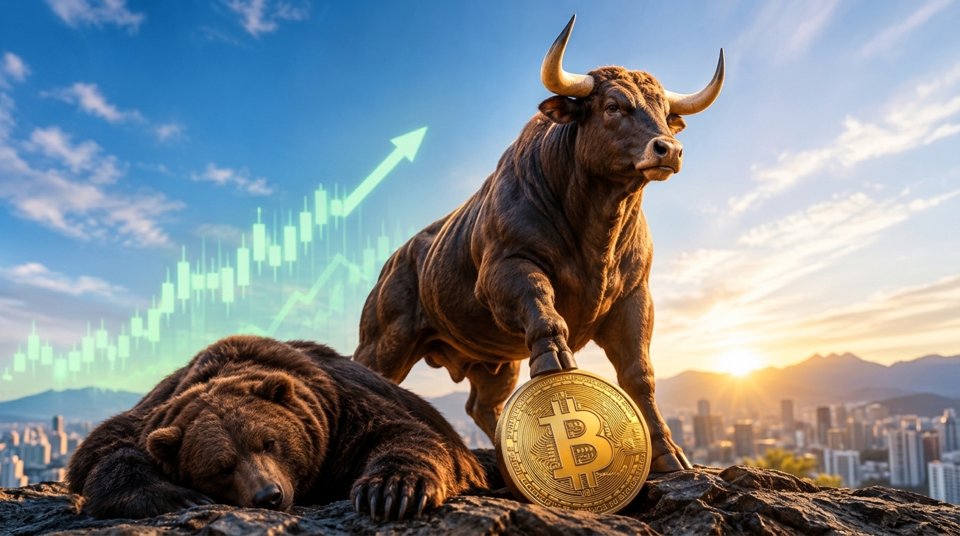 A bull standing over a Bitcoin coin on a rocky ledge while a bear sleeps beside it, with rising green candlesticks behind