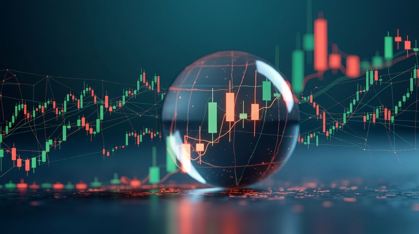 A glass crystal ball reflecting red and green candlesticks against a blurred price chart