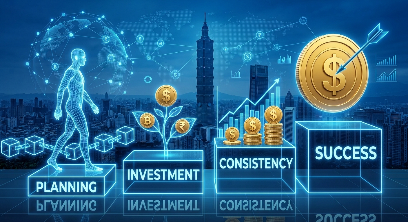 A figure walking up four steps labeled planning, investment, consistency and success