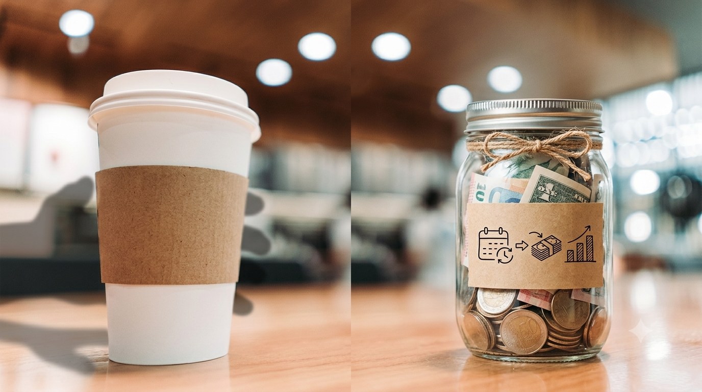 A takeaway coffee cup on one side; on the other, a jar of cash and coins labeled with a save-invest-grow icon