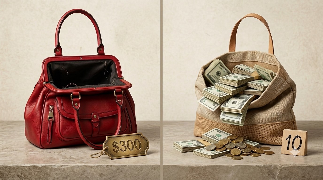 A red designer handbag tagged $300 beside a burlap sack stuffed with cash