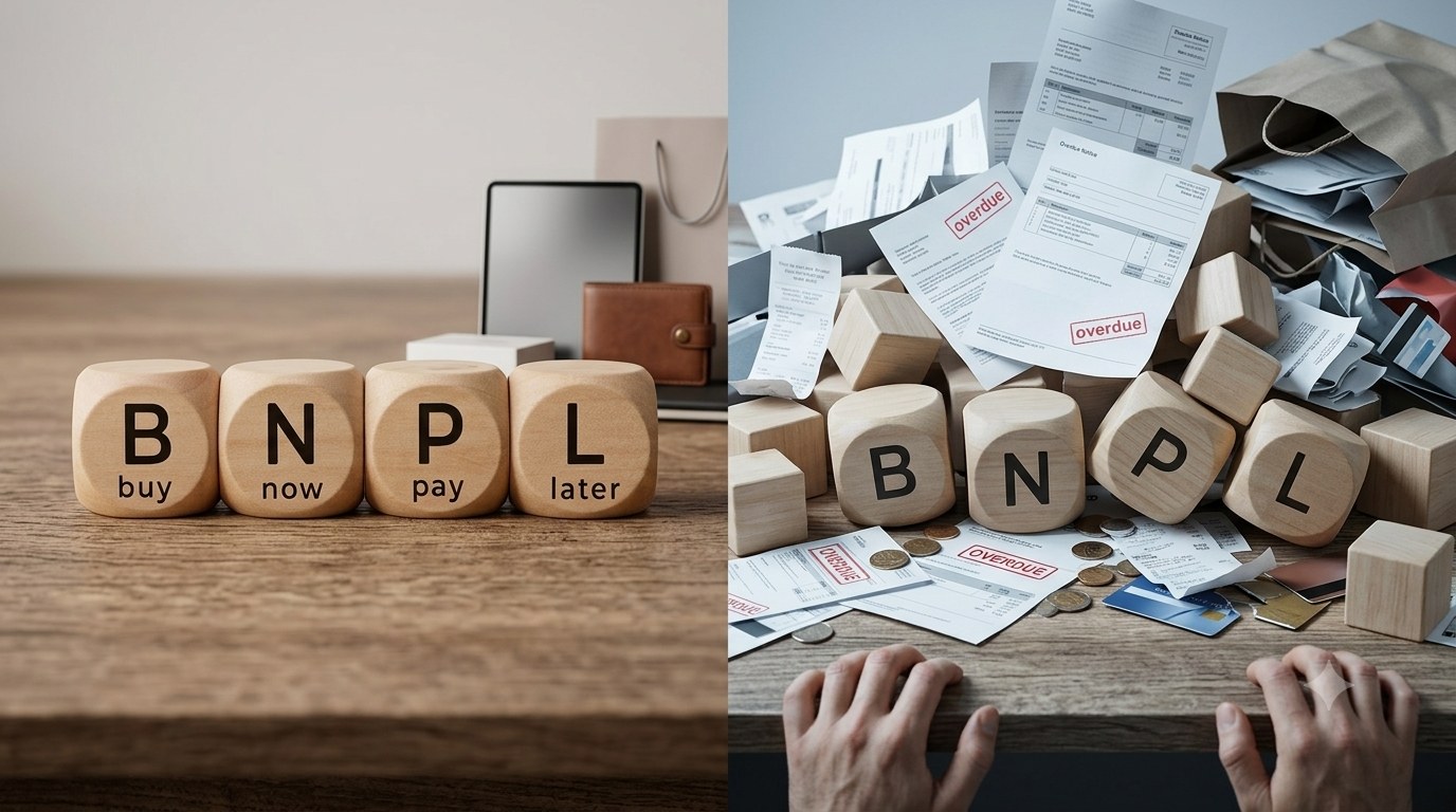 “BNPL” blocks neatly arranged on one side, buried under a pile of overdue bills on the other