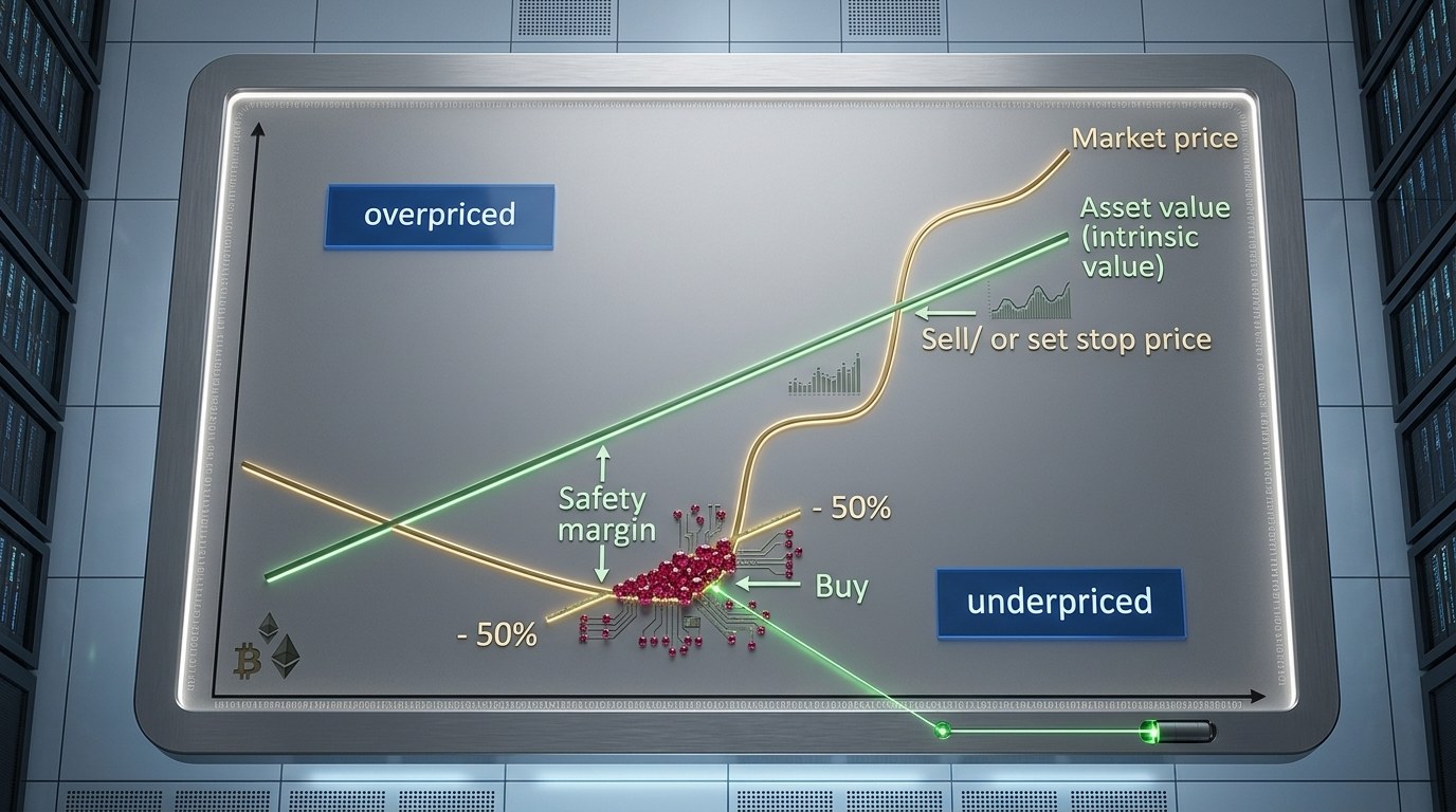 A whiteboard showing market price and intrinsic value as two lines, with the safety-margin buffer marked between them