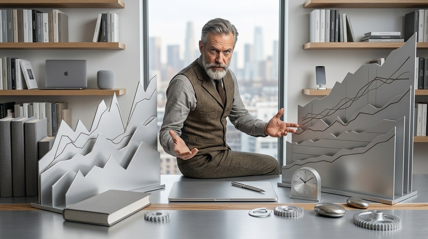 A bearded man seated between two stock-chart sculptures, weighing the market's two moods