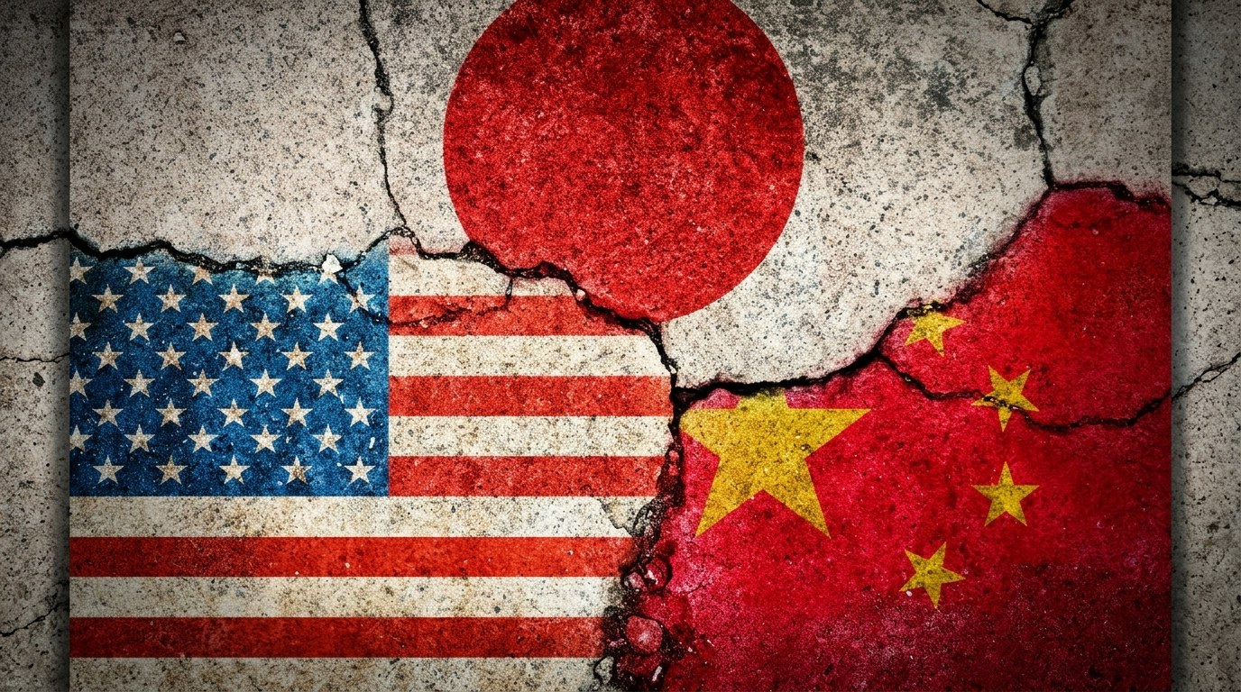The flags of the US, Japan, and China painted on a cracked wall