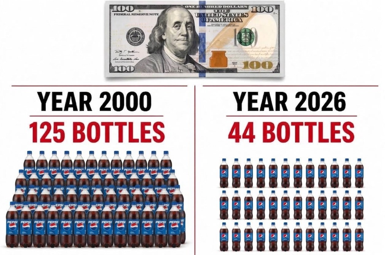A comparison: the same $100 bill bought 125 bottles of soda in 2000 and only 44 in 2026
