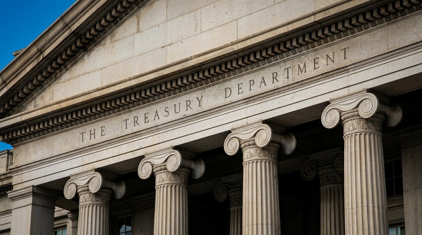 The facade of the US Treasury Department, its stone columns carved with THE TREASURY DEPARTMENT