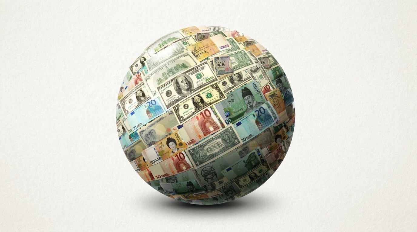 A globe made of banknotes from currencies around the world