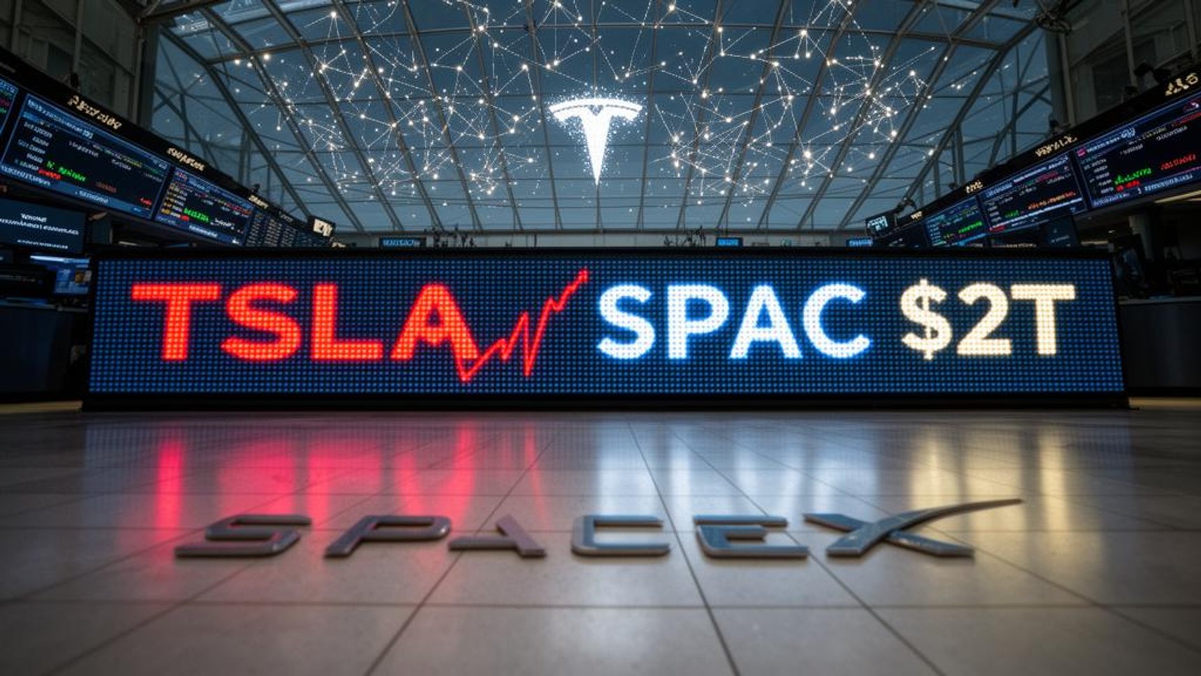 Tesla and SpaceX market data displayed on trading floor screens