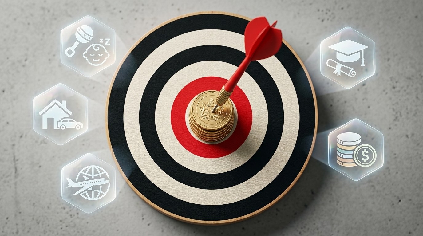 A dart hitting a stack of coins, surrounded by icons for retirement, a home, education, travel, and savings