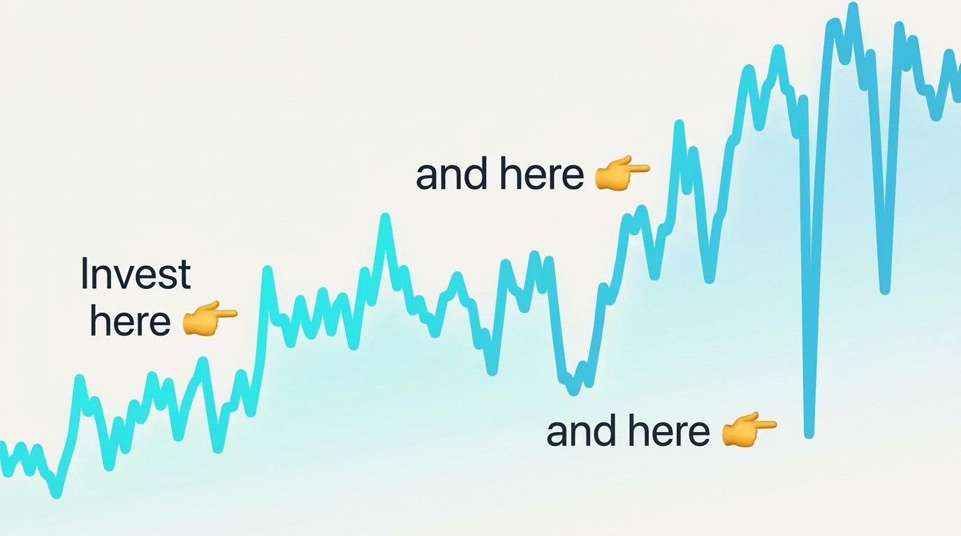 An upward, jagged price line with arrows marking 'invest here, and here'
