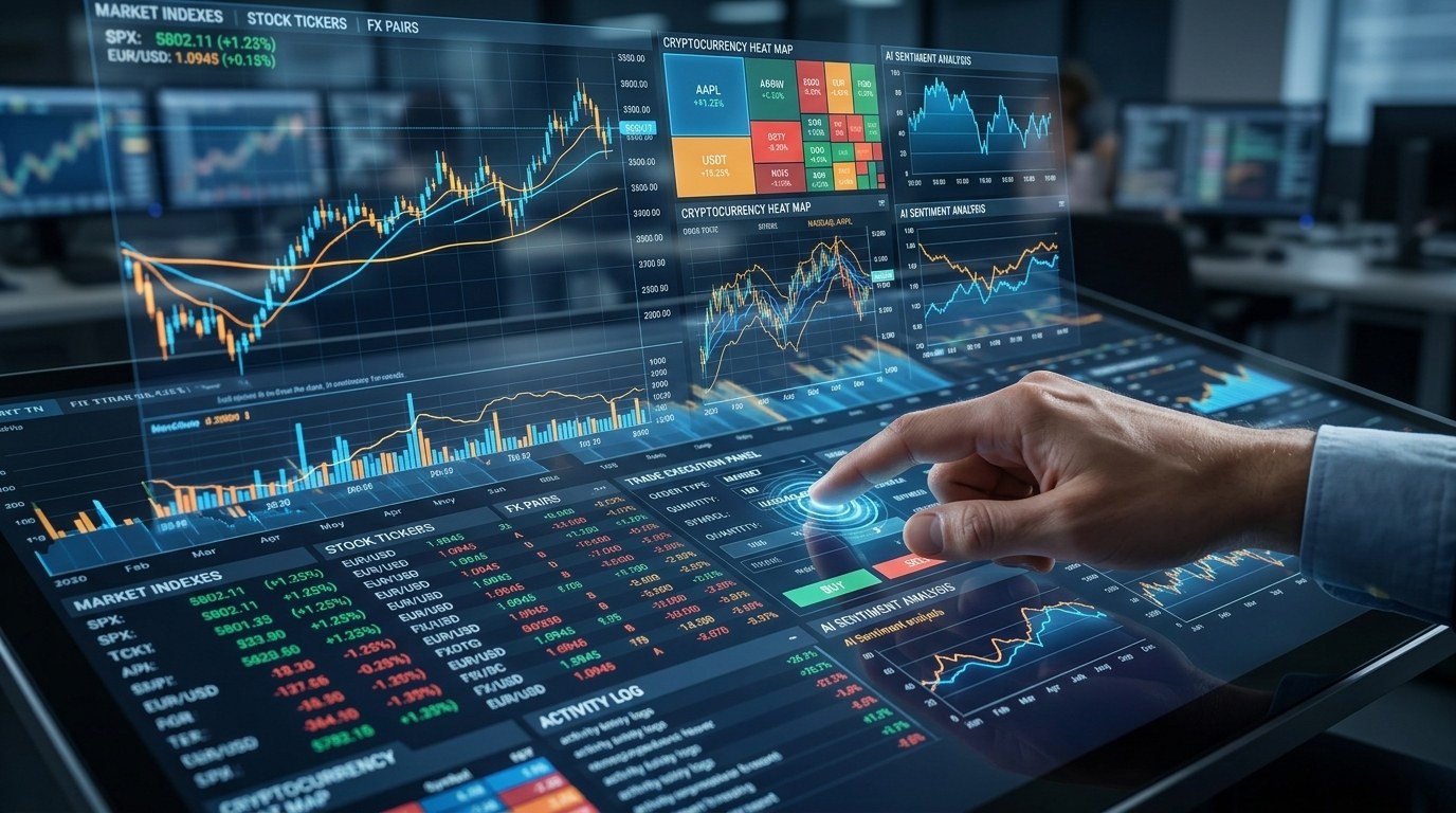 A hand operating a multi-screen trading interface filled with live quotes and charts
