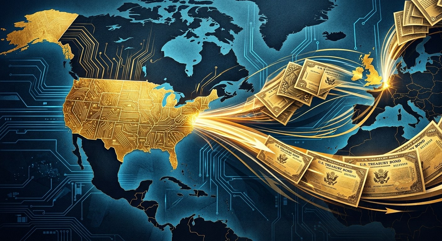 A glowing world map with golden US Treasury bonds flowing from the US along circuit lines to the rest of the world