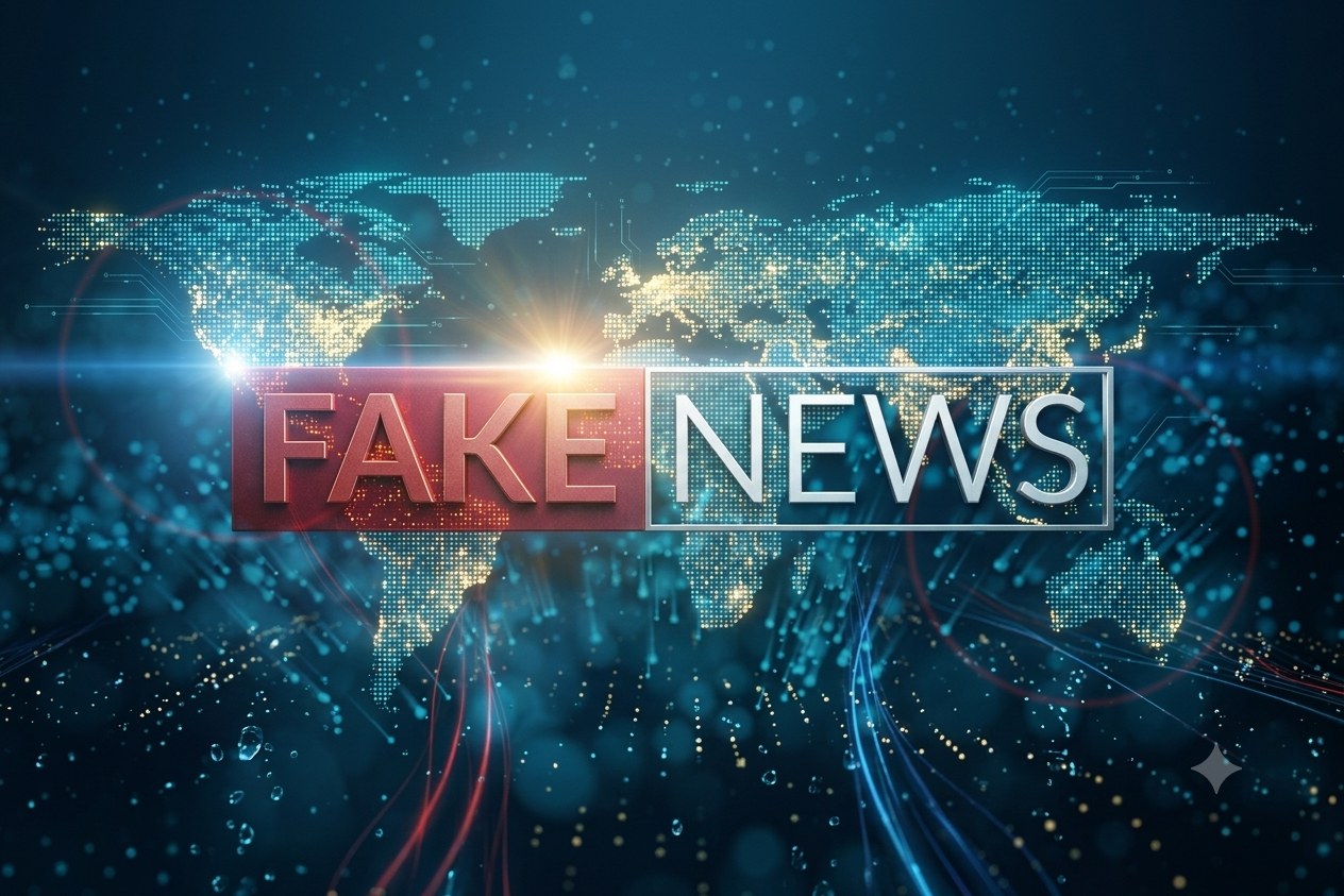 FAKE NEWS text overlaid on a digital world map
