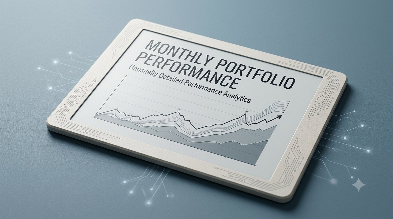 A tablet displaying monthly portfolio performance analytics