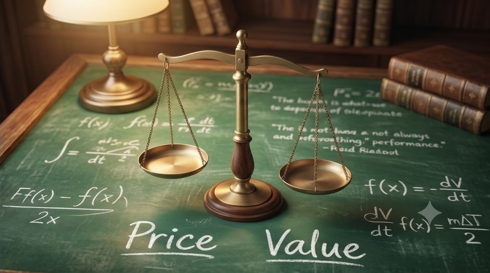 A scale balancing Price and Value, illustrating the core distinction in stock valuation