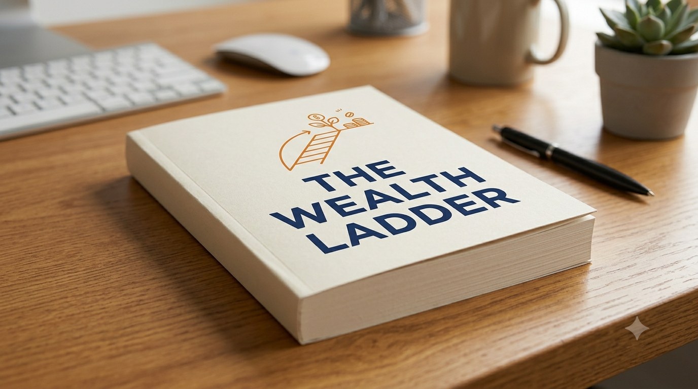A book titled The Wealth Ladder resting on a wooden desk