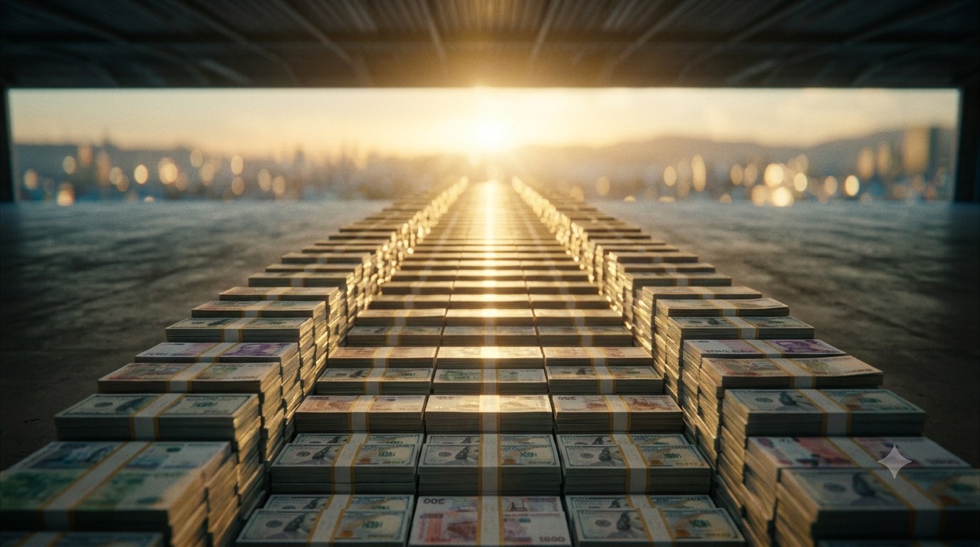Stacks of cash arranged like ascending steps leading toward sunlight