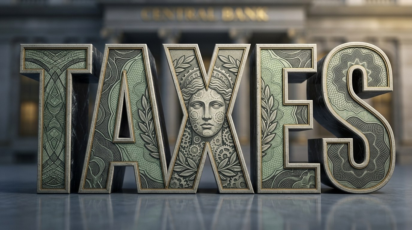 The word TAXES carved in banknote-style engraving in front of a central bank building
