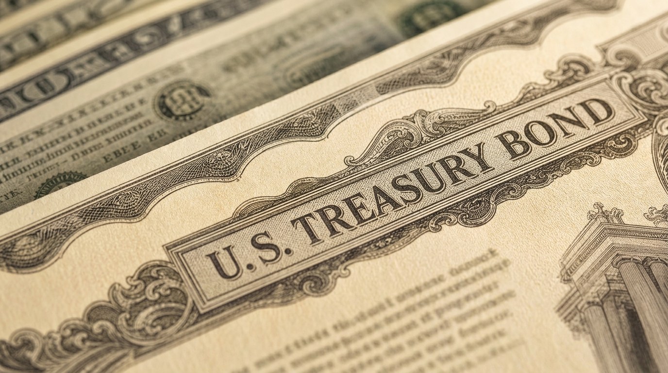 Close-up of a U.S. Treasury bond certificate beside stacked dollar bills